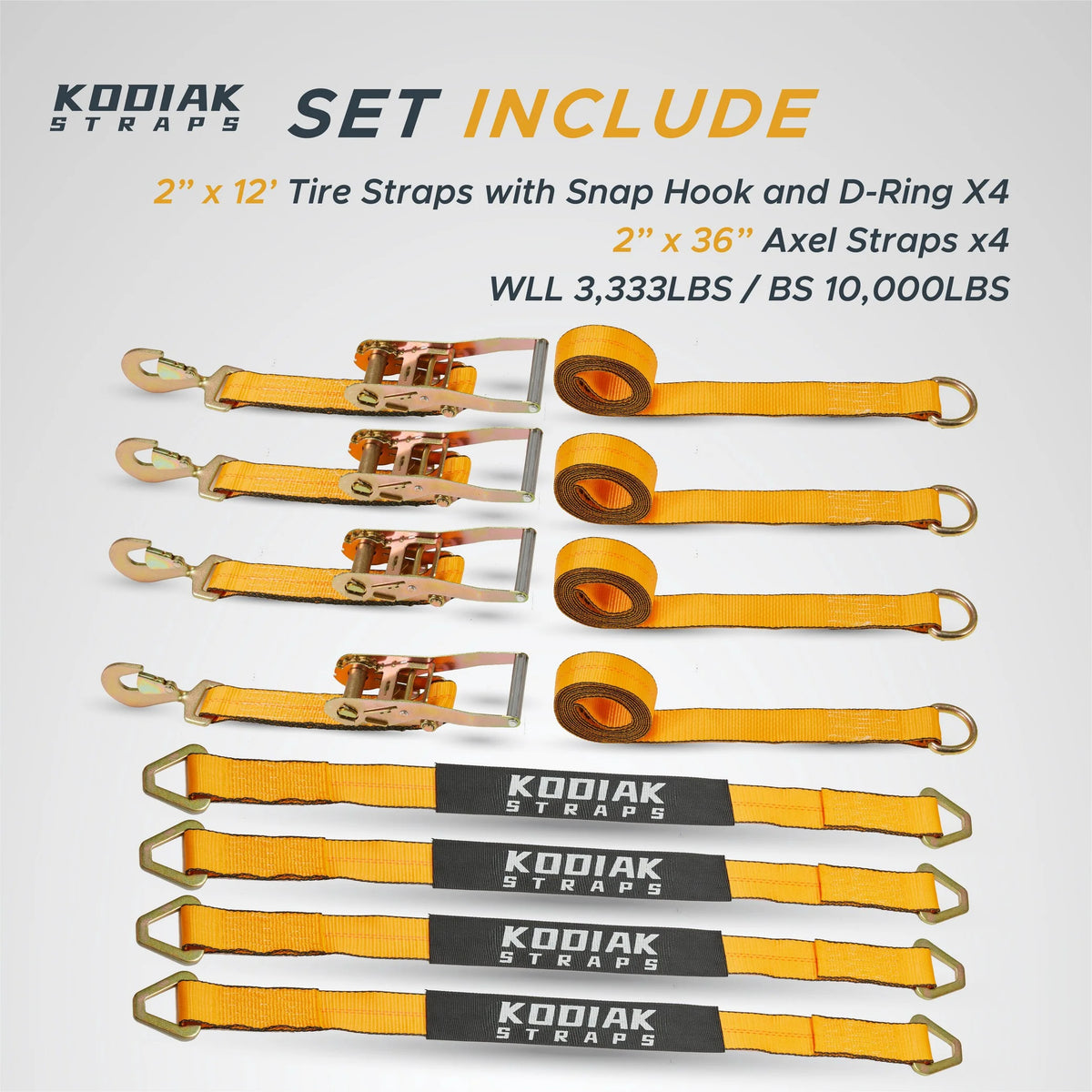 Adjustable Tire Tie Down Straps Kit 4pk Heavy Duty with Snap Hooks, 3333 lbs. Working Load O10447