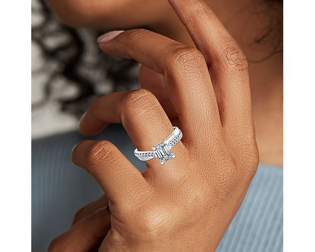 Emerald Cut Diamond Solitaire Ring with Accents Solid 14K White Gold Size 7 X768465