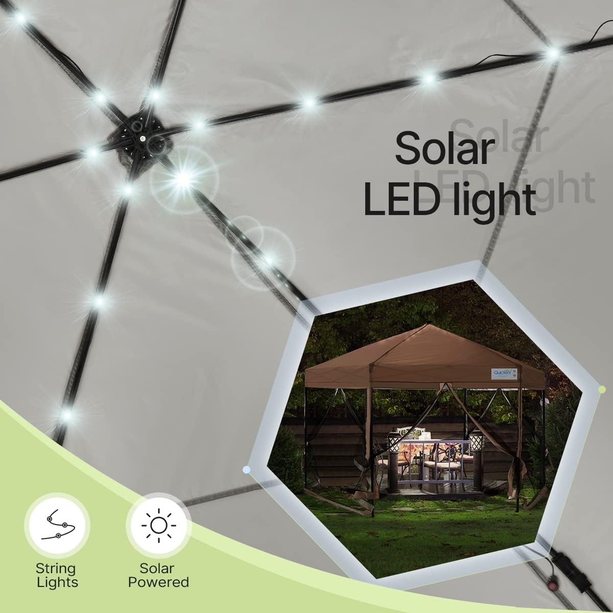 Beige Hexagonal Pop up Gazebo Tent with Mosquito Netting and LED Lights Q883