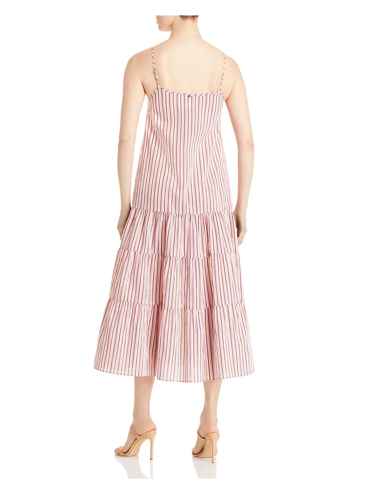 Beige Adjustable Pullover Tiered Skirt Striped Spaghetti Strap V Neck Midi Shift Dress Y12510