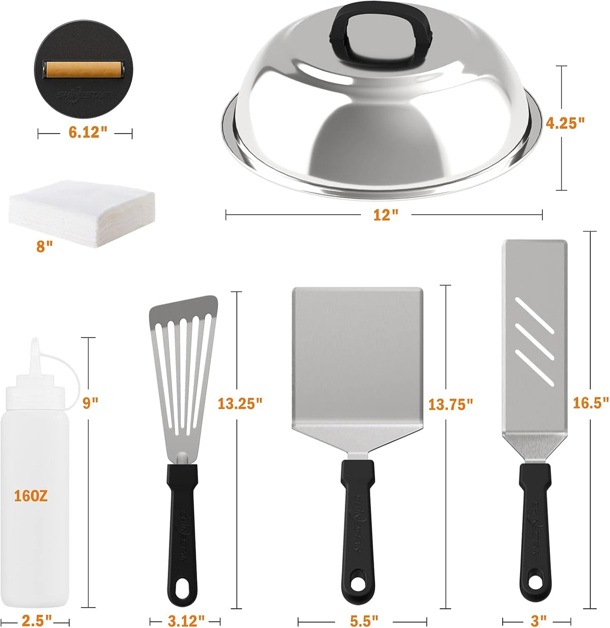 8-Piece Griddle Accessories Kit with Melting Dome, Burger Press, 3 Spatulas M256