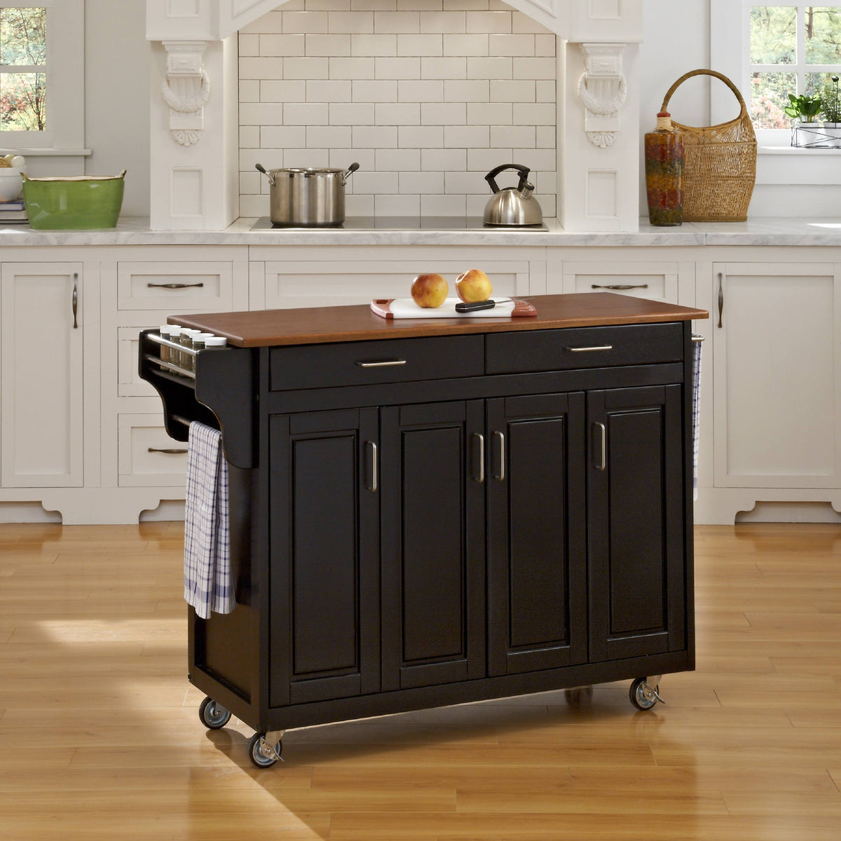 Black Finish Oak Top Kitchen Cart Q48698