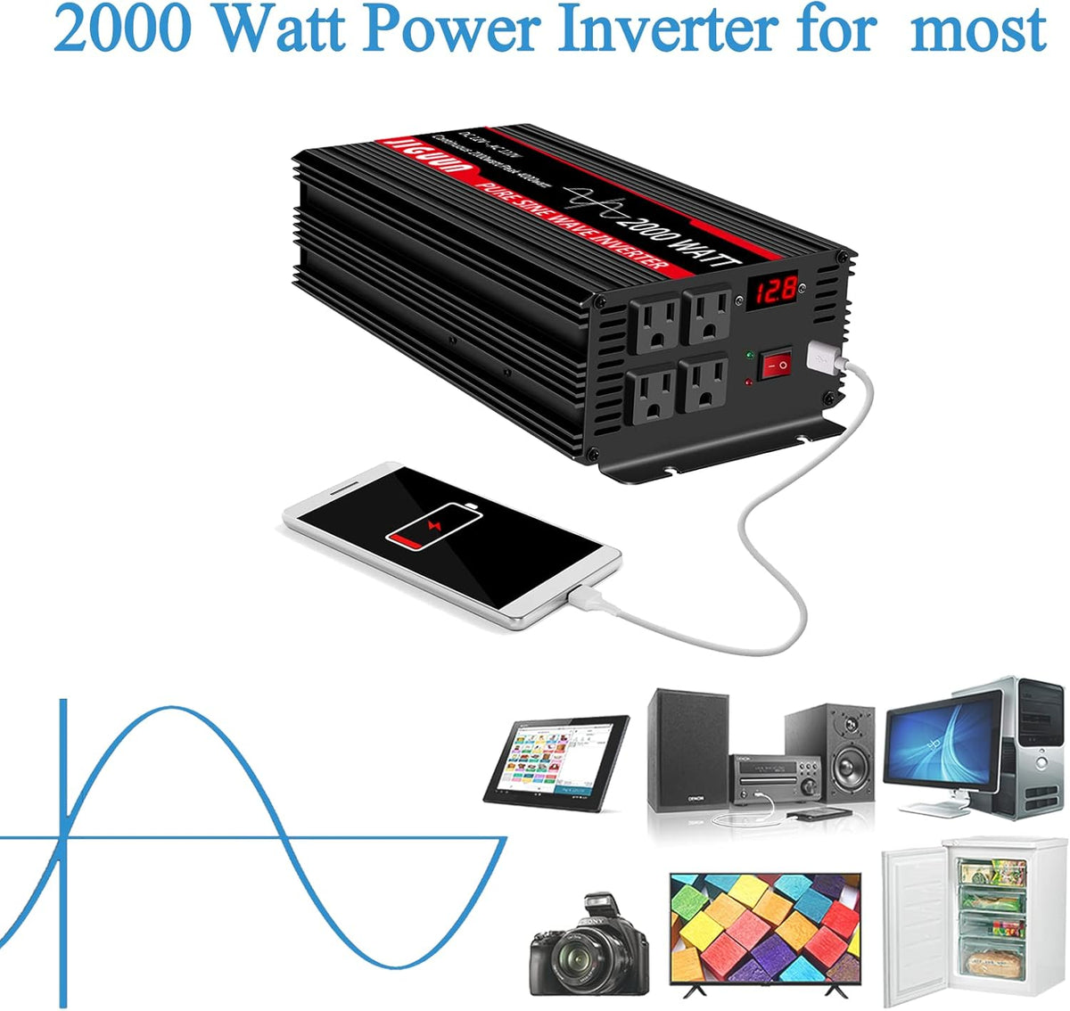 2000 Watt Pure Sine Wave Power Inverter 12V DC to 110V AC with 4 AC Outlets and USB Port C7866
