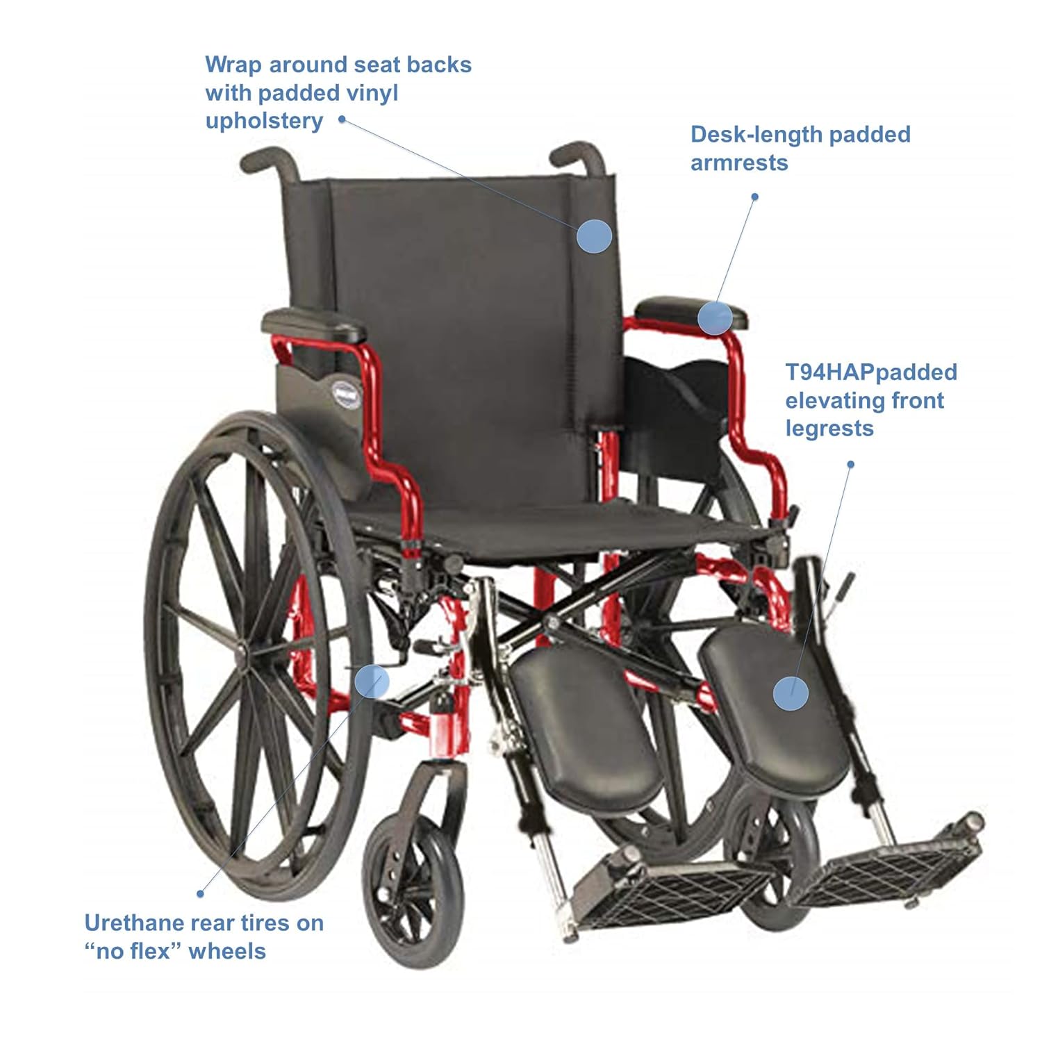 High Performance Lighter Weight Wheelchair with Desk Length Arms and Elevating Legrests, 16 Seat Width, Electric Red D1984