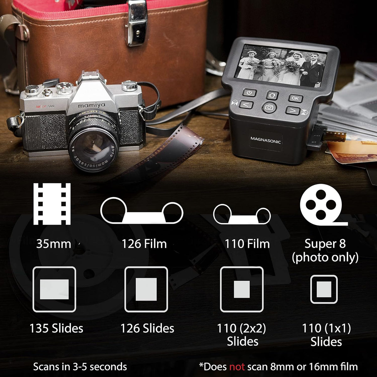 22MP Film Scanner with 5 Display, Converts 35mm/126/110/Super 8 Film & Slides into Digital Photos J813