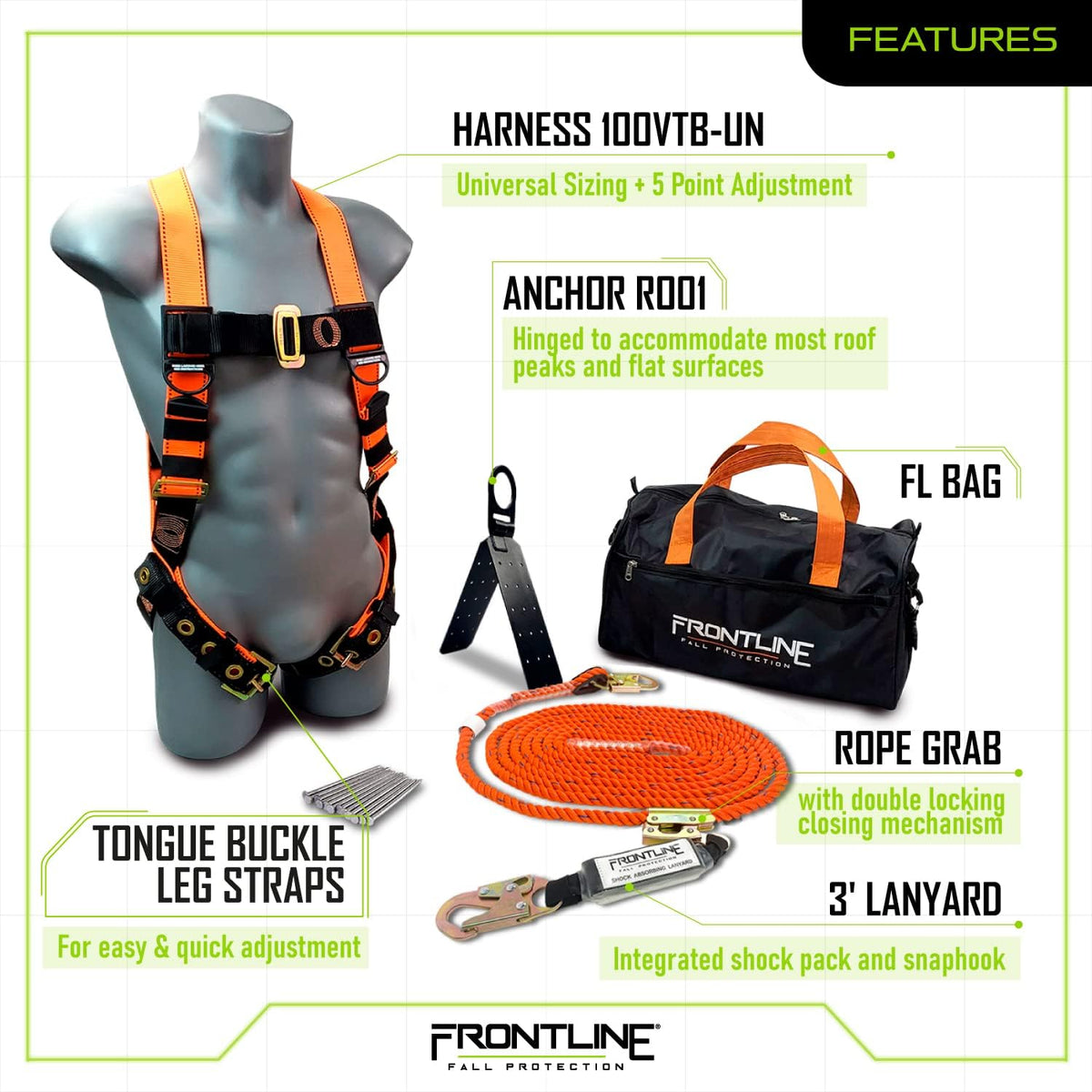 Roofers Kit with 50' Lifeline, Full Body Harness, Rope Grab, Roof Anchor B32299