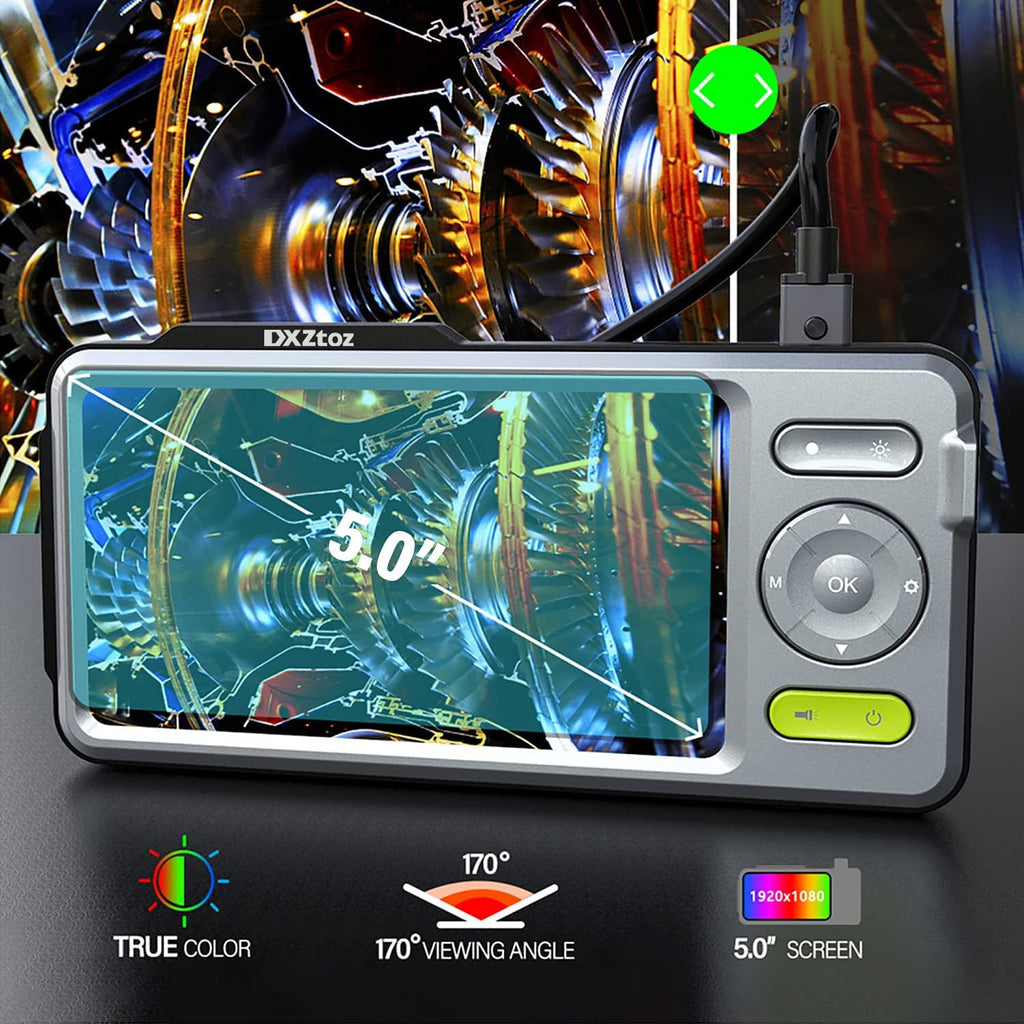 50FT Dual-Lens Industrial Endoscope 5'' IPS Screen Waterproof Camera with Light A308