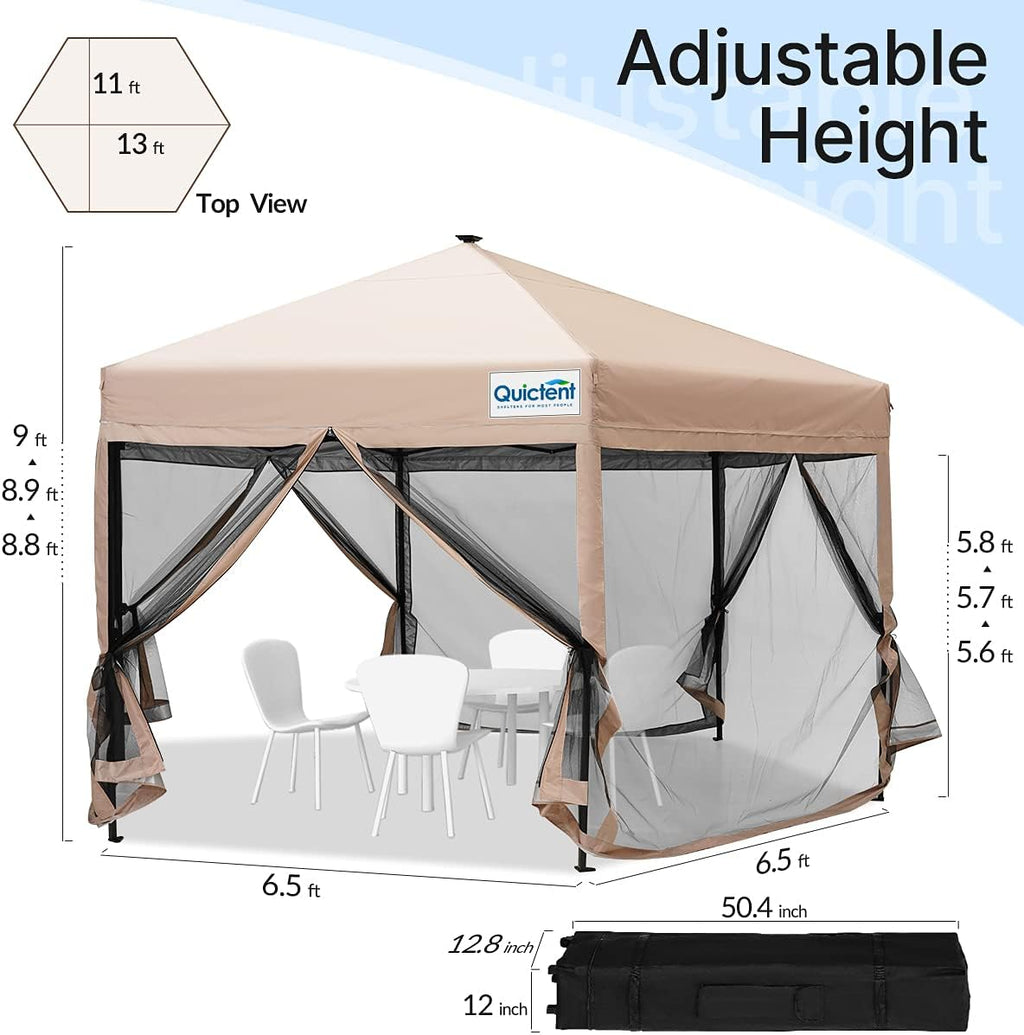 Beige Hexagonal Pop up Gazebo Tent with Mosquito Netting and LED Lights Q883