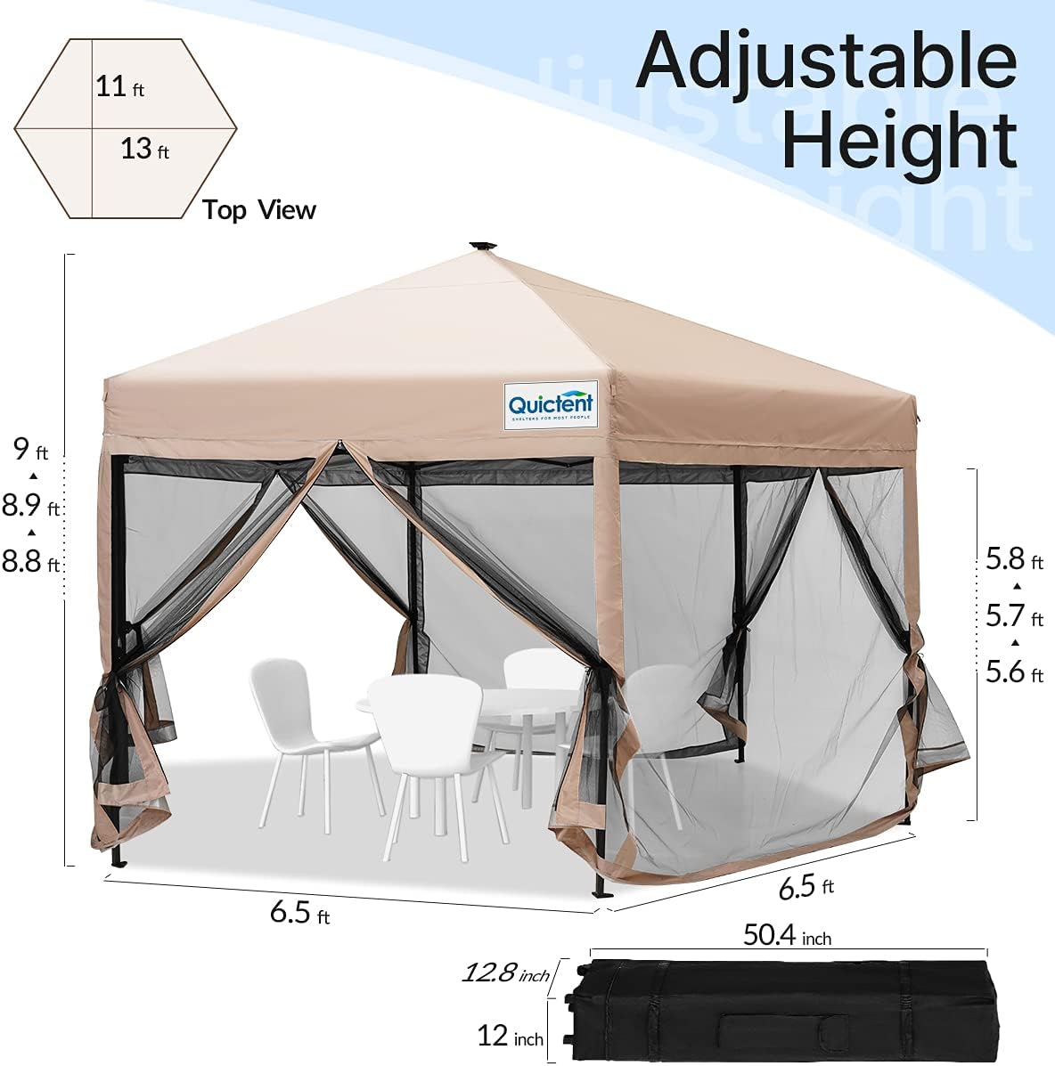 Beige Hexagonal Pop up Gazebo Tent with Mosquito Netting and LED Lights Q883