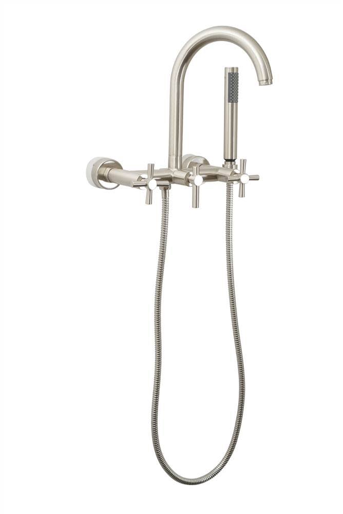 Brushed Nickel Wall Mount Tub Faucet with Hand Shower and Metal Cross Handles C58199