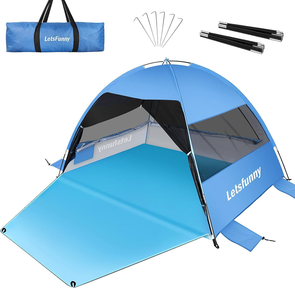 Blue Beach Tent with Extended Floor and 3 Mesh Roll Up Windows T935586