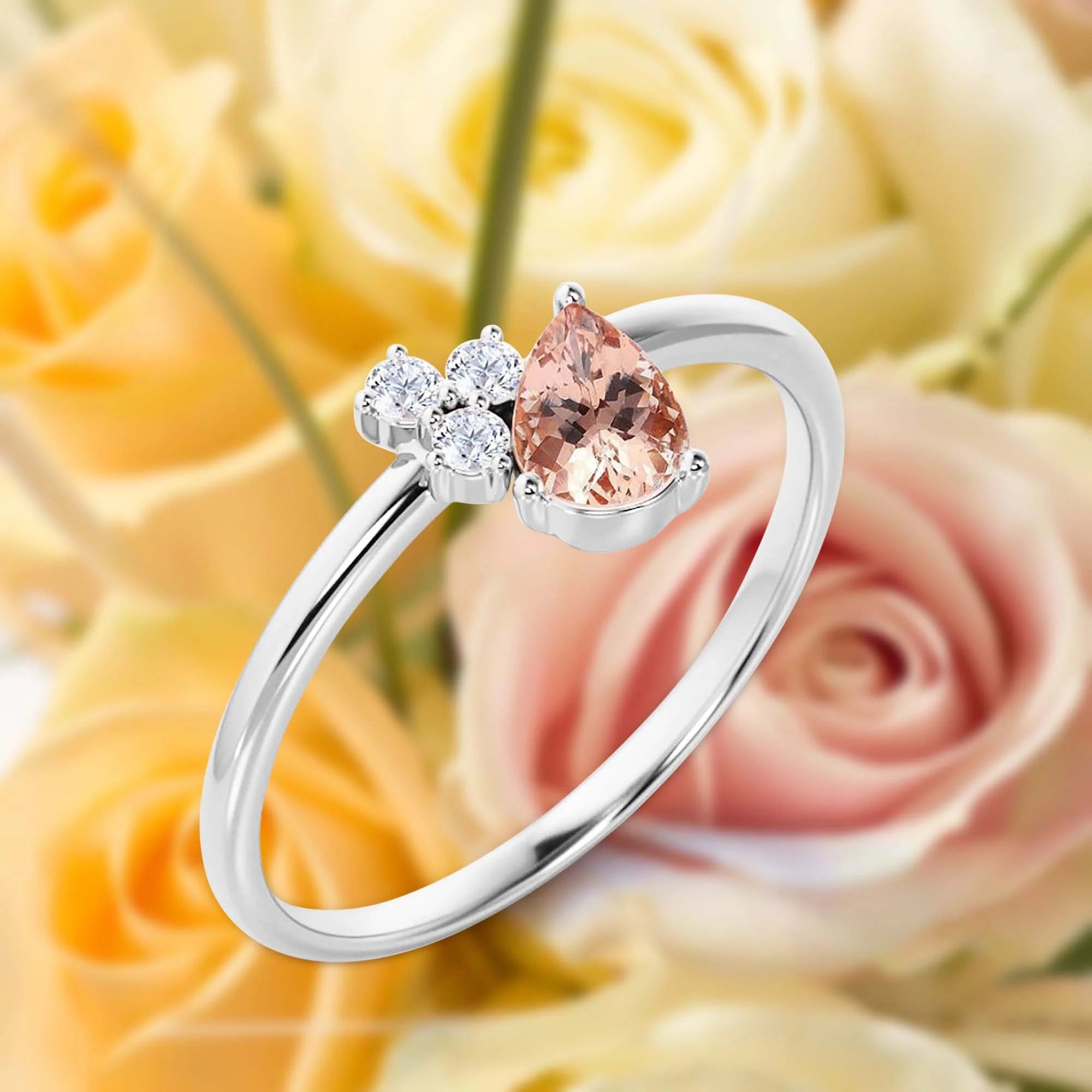 1.15 Carat Pear Cut Morganite And Diamond Moissanite Engagement Ring in 925 Sterling Silver With 18k White Gold Plating I27478