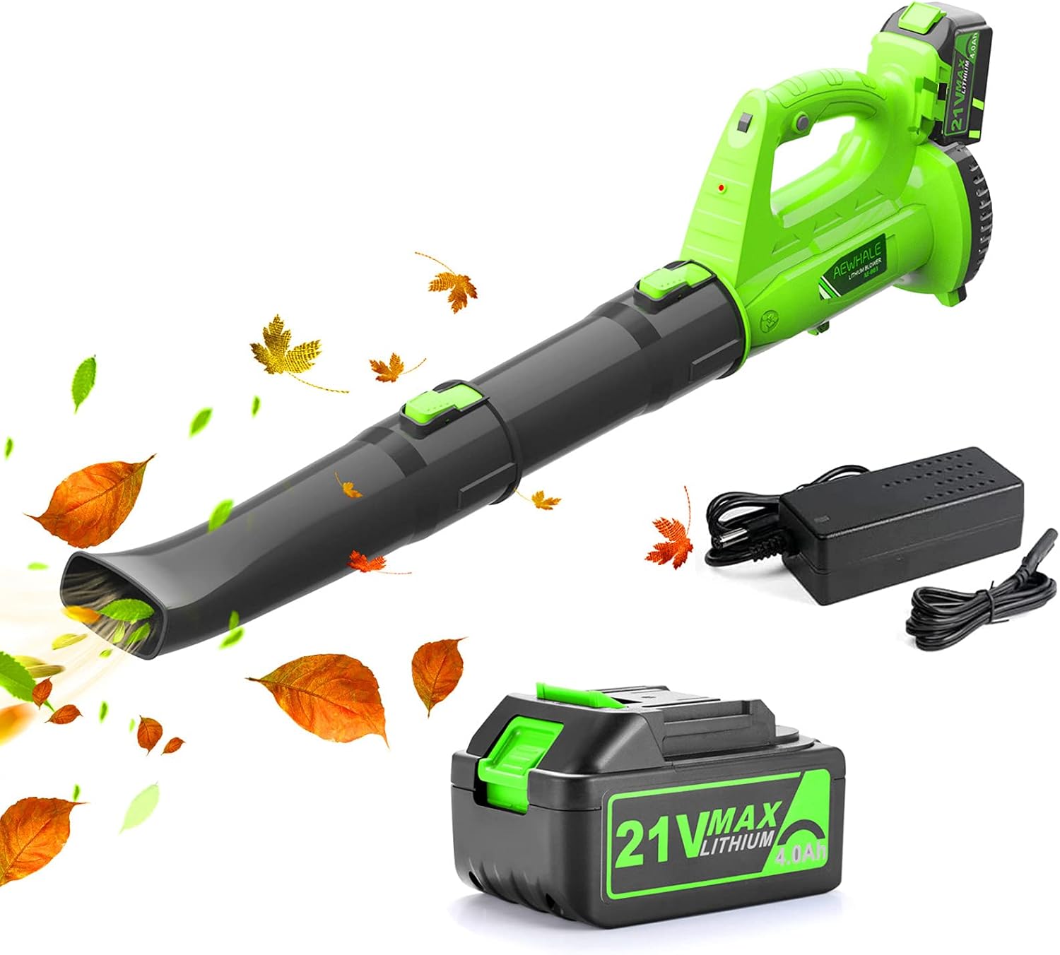 Cordless Handheld Leaf Blower with 2.0Ah Battery and Charger, 2 Speeds, 2 Adjustable Tubes, Dark Green, Pack of 2 J72086
