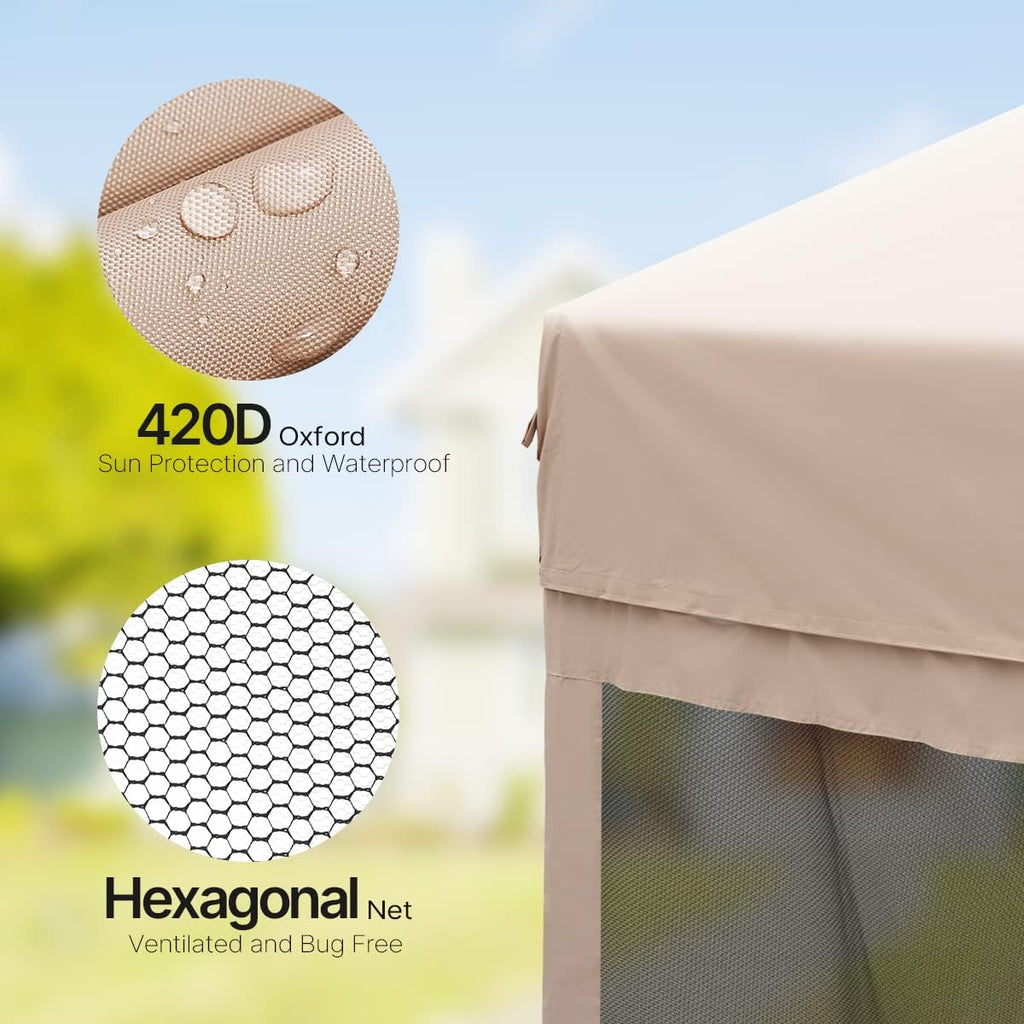 Beige Hexagonal Pop up Gazebo Tent with Mosquito Netting and LED Lights Q883