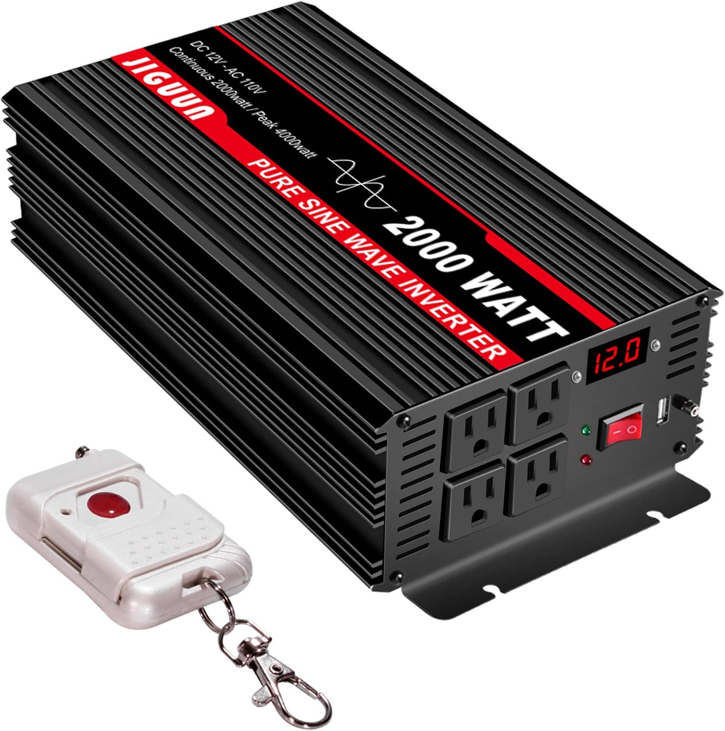 2000 Watt Pure Sine Wave Power Inverter 12V DC to 110V AC with 4 AC Outlets and USB Port C7866