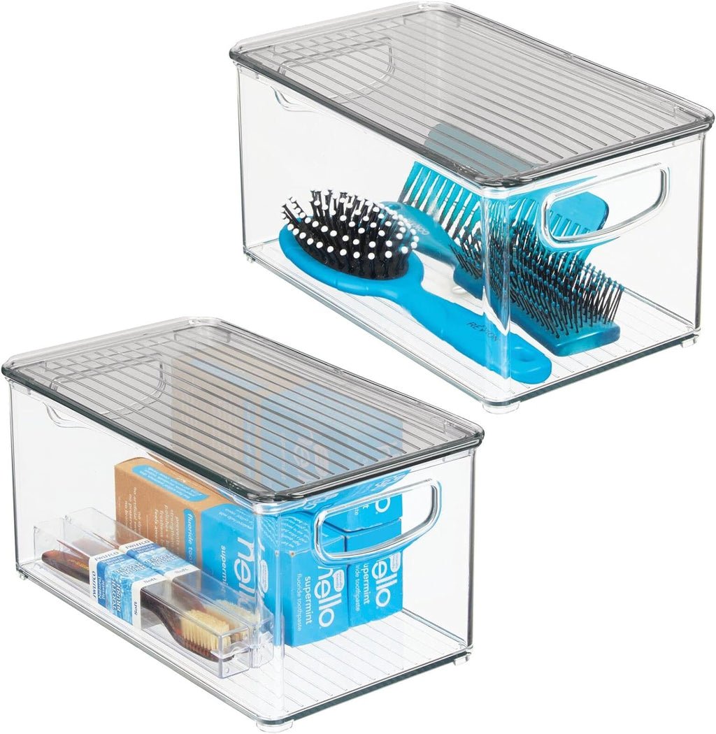Clear/White Plastic Stackable Bathroom Storage Bin with Handles/Lid, 2 Pack N520