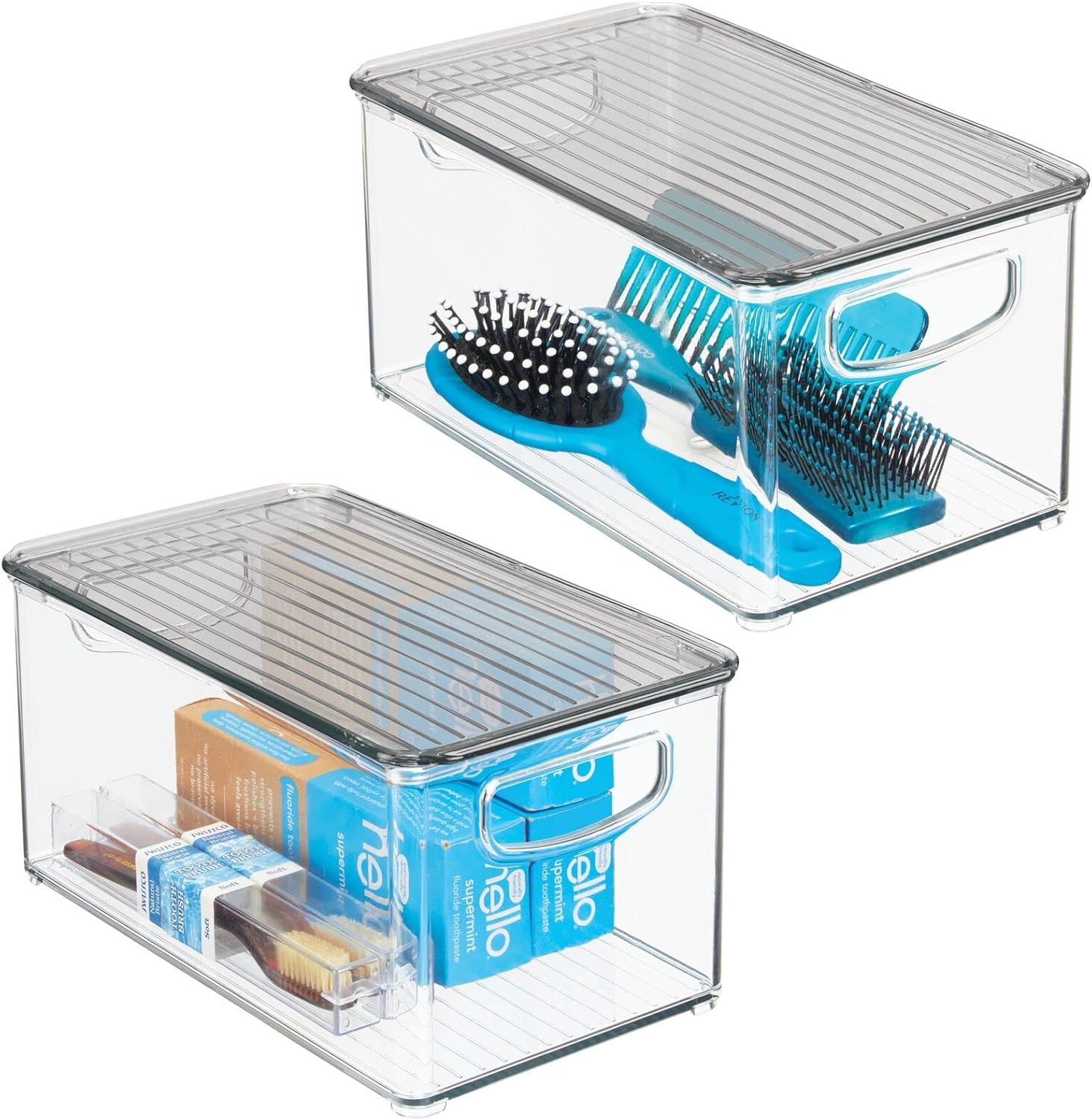 Clear/White Plastic Stackable Bathroom Storage Bin with Handles/Lid, 2 Pack N520