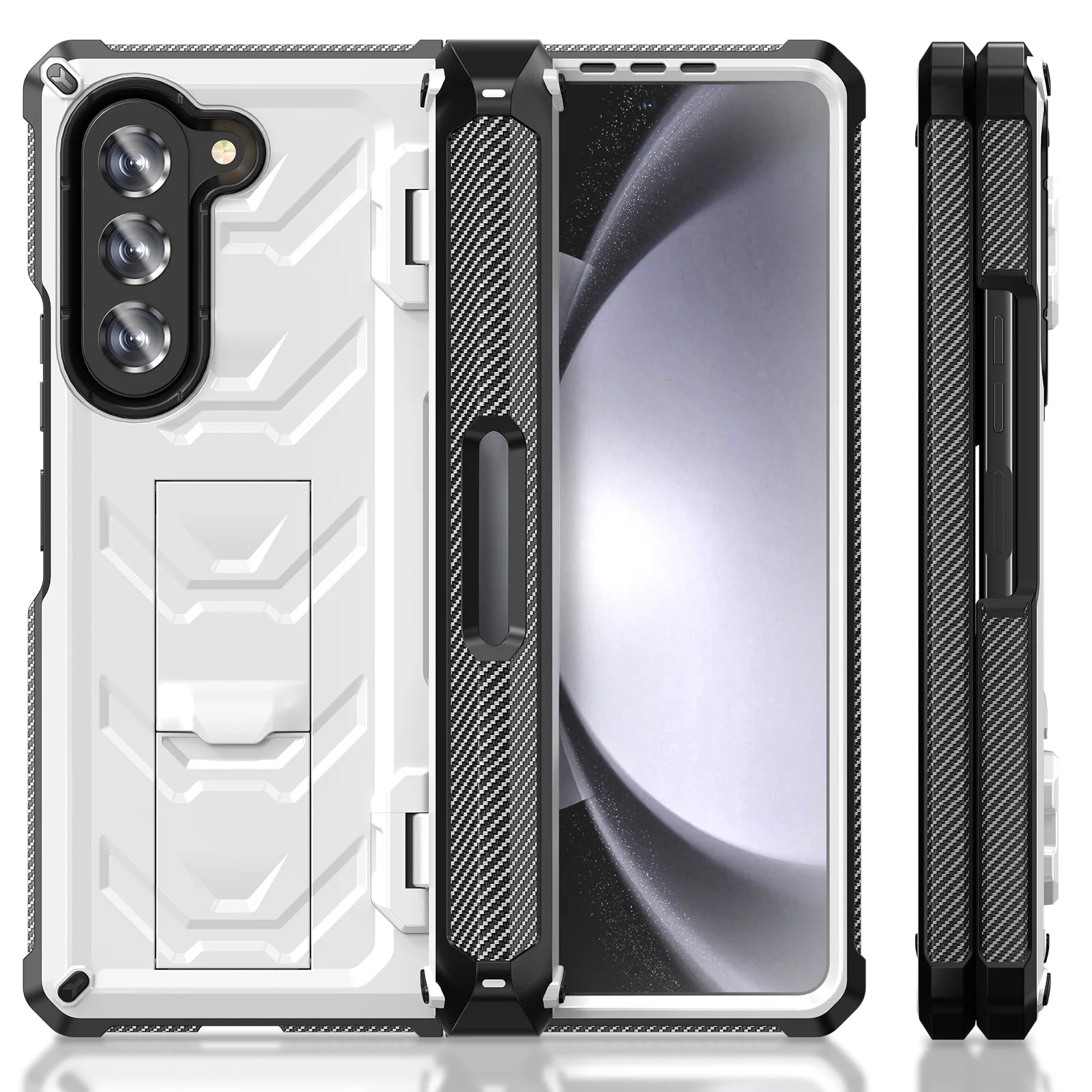 White Rugged Full Body Case with Built-in Glass Screen Protector Hinge Protection Hidden Kickstand Pen Slot Shockproof Armor Case X274