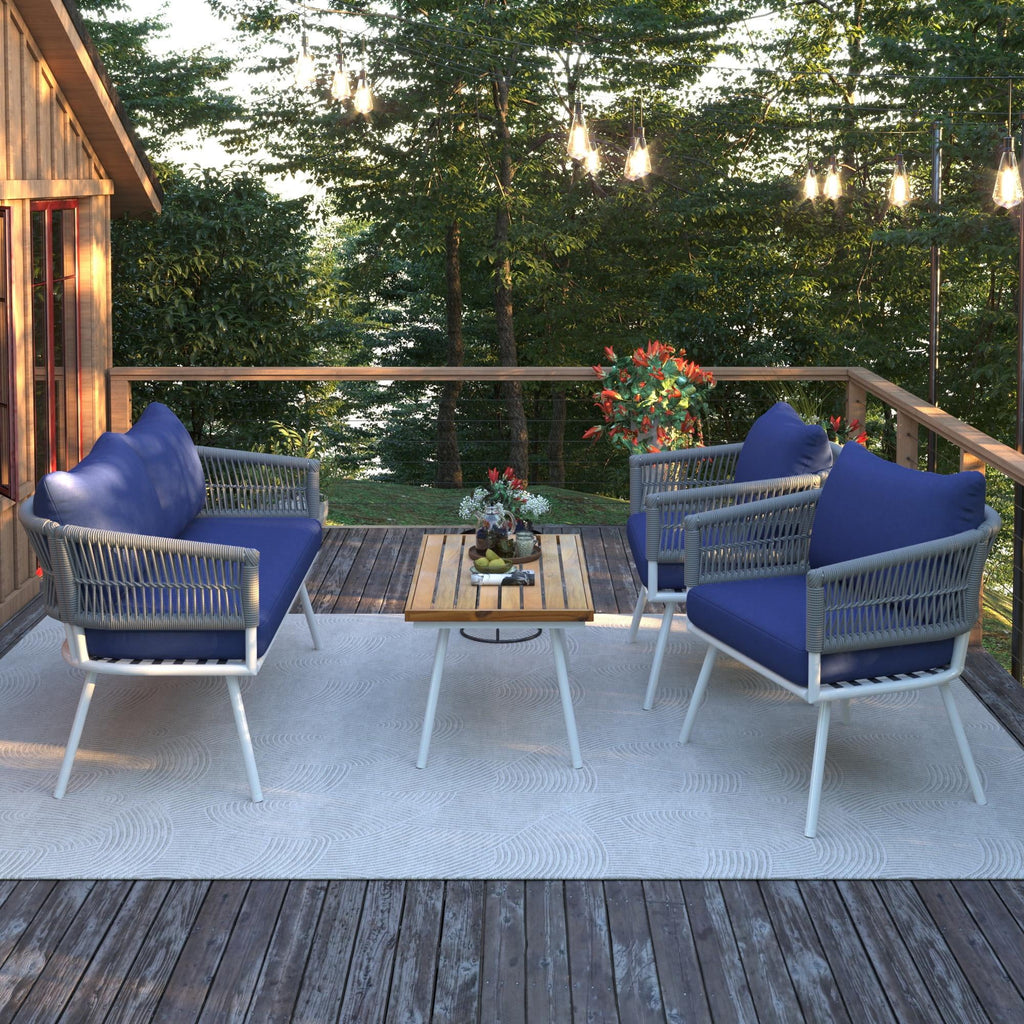 4 Piece Navy Blue Outdoor Woven Rope Sofa Set with Acacia Wood Table X683