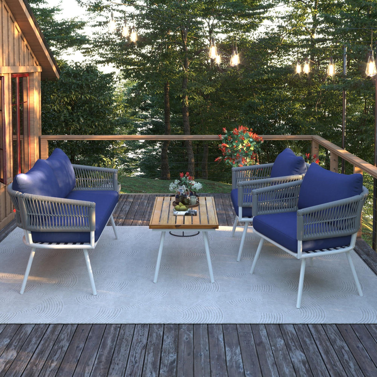 4 Piece Navy Blue Outdoor Woven Rope Sofa Set with Acacia Wood Table X683