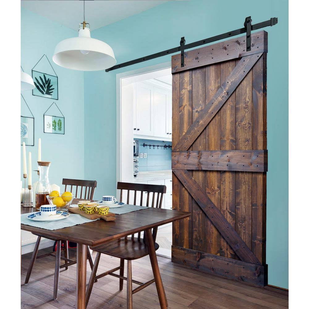 Dark Walnut Knotty Pine Wood Sliding Barn Door Slab with Hardware Kit C85556