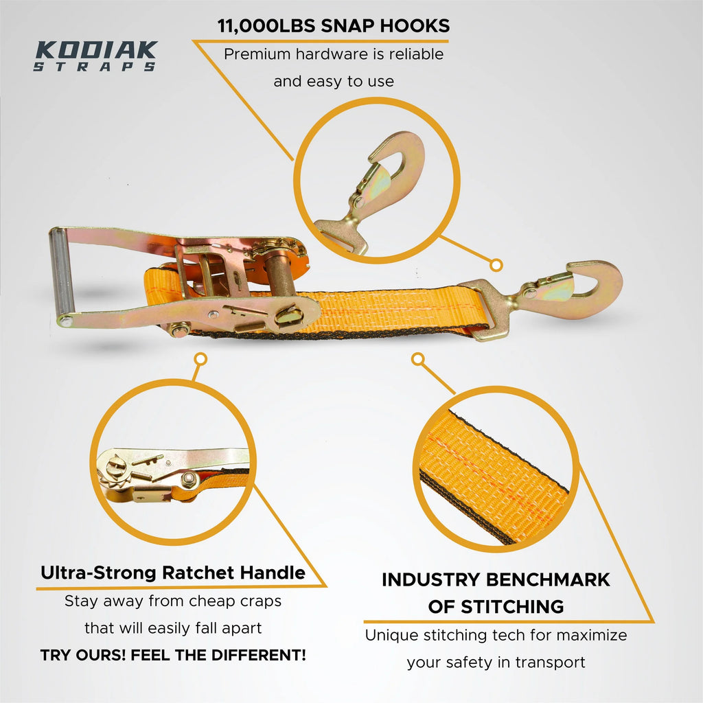Adjustable Tire Tie Down Straps Kit 4pk Heavy Duty with Snap Hooks, 3333 lbs. Working Load O10447
