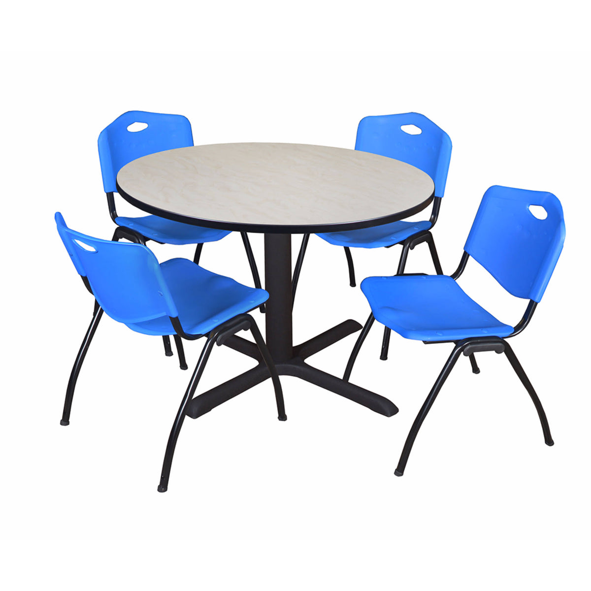 Maple Round Breakroom Table with 4 Grey Stack Chairs E225