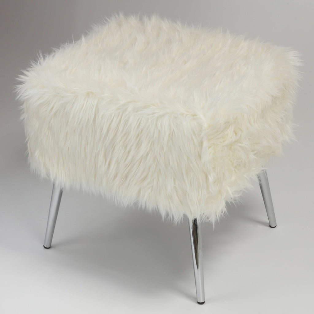 White Faux Fur Ottoman with Chrome Legs U735