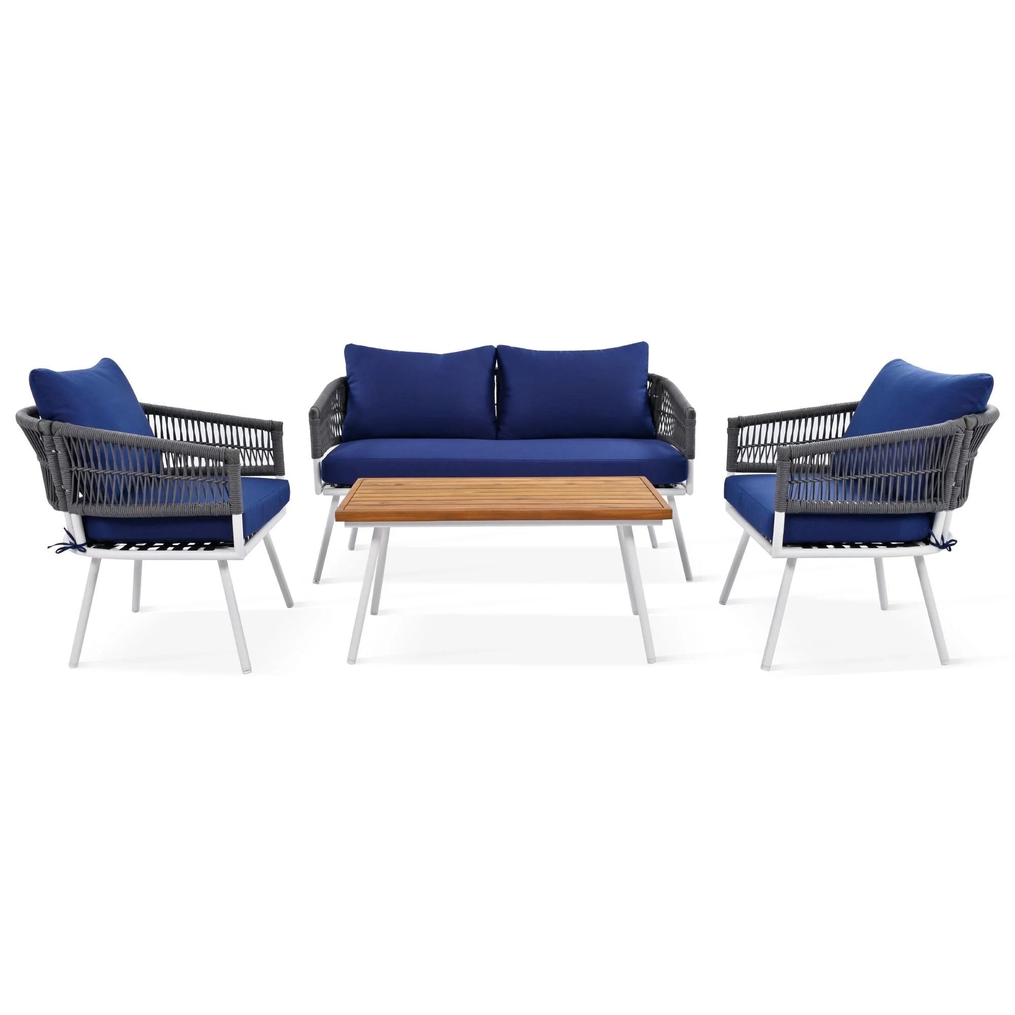 4 Piece Navy Blue Outdoor Woven Rope Sofa Set with Acacia Wood Table X683