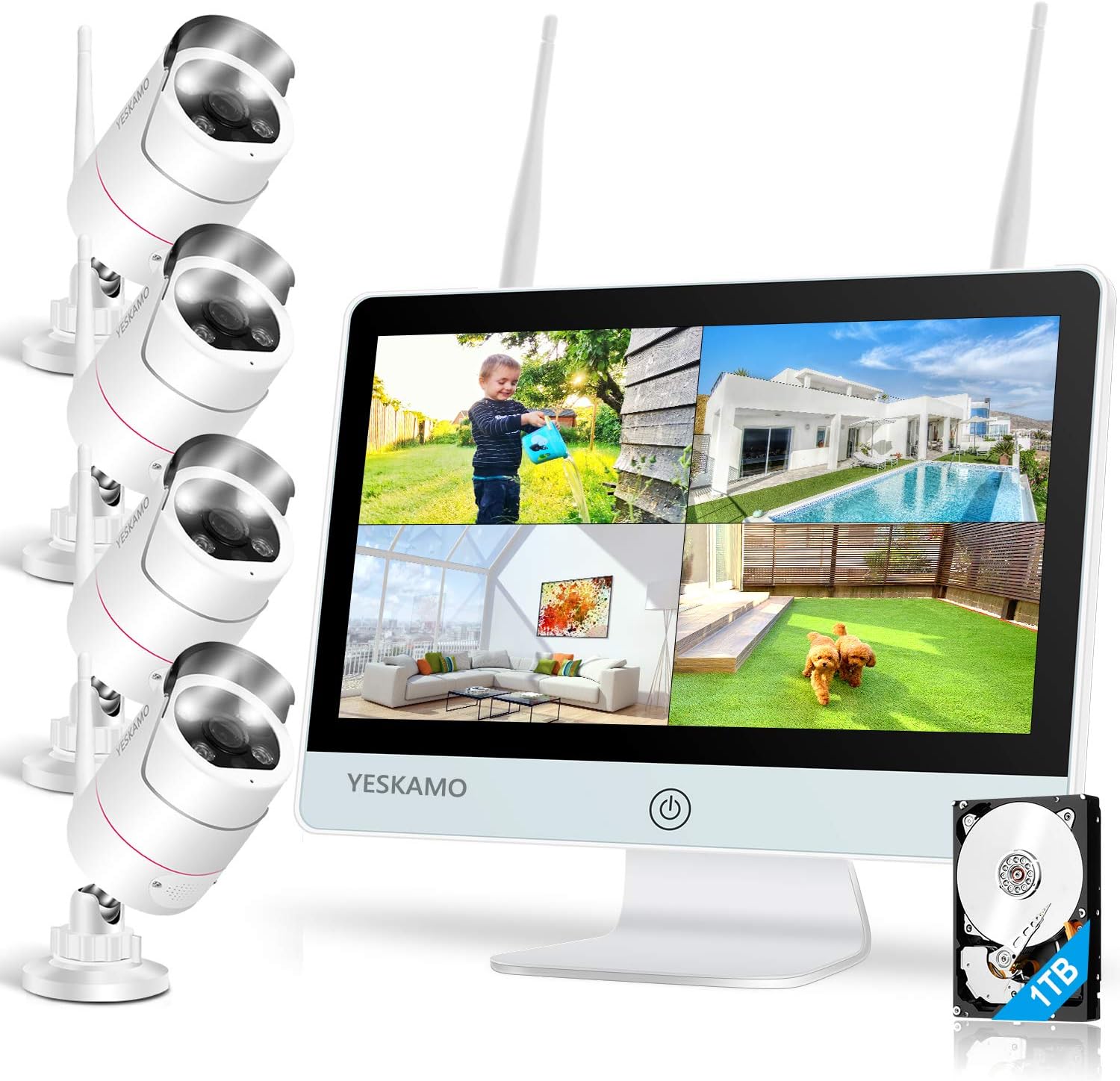 Wireless Security Camera System with 12'' Monitor 2 Way Audio Outdoor 2K WiFi IP Cameras AI Human Detection Siren Alarm DC Power HD Home Surveillance System with 1TB Hard Drive F6681