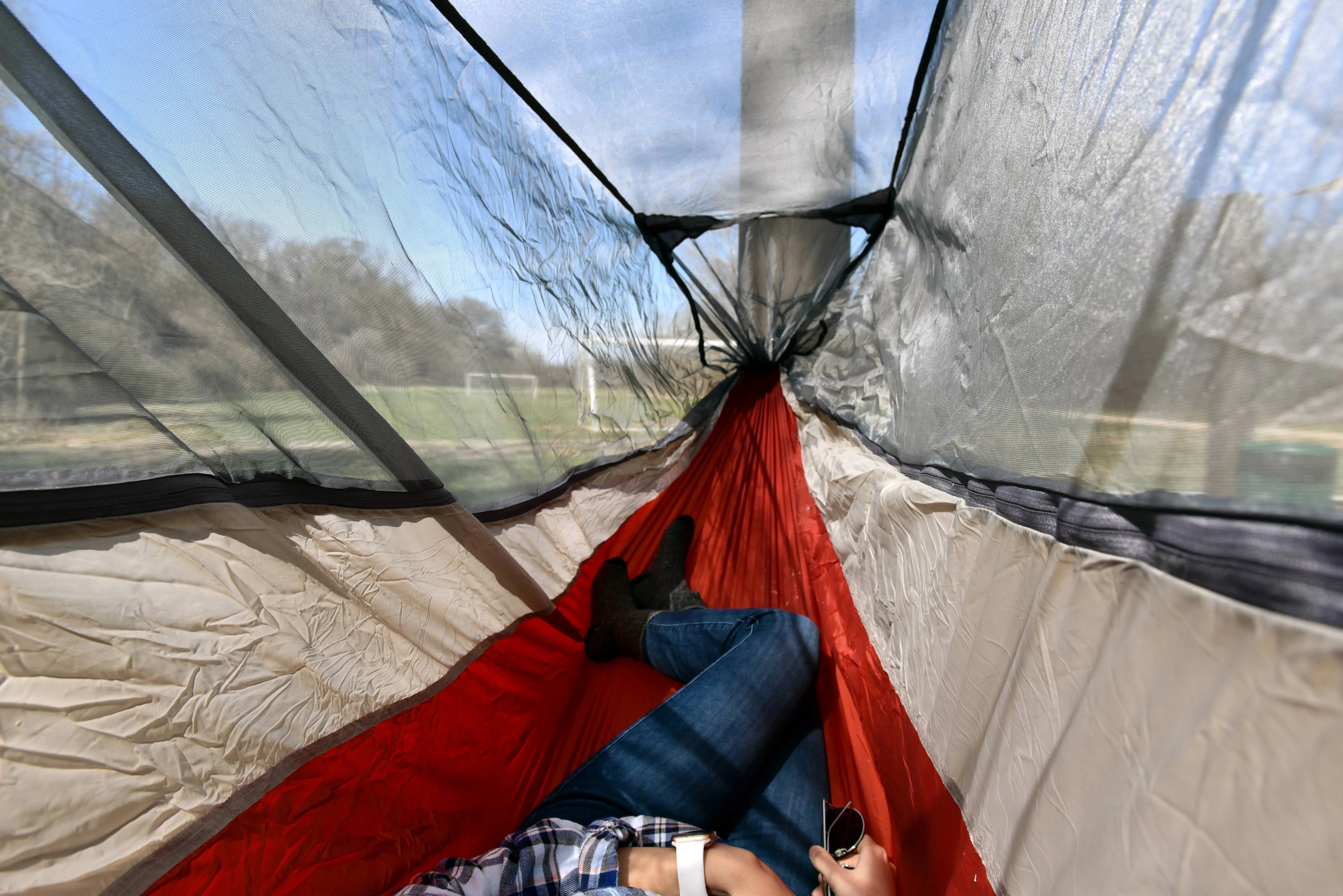 Nylon Mosquito Hammock with Attached Bug Net, 1 Person Red and Taupe, 115" L x 59" W M245794