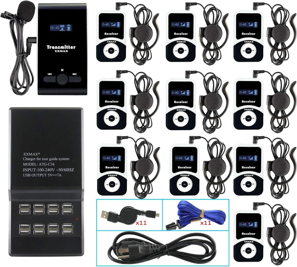 195-230MHz Wireless Tour Guide System (1 Transmitter 10 Receivers Charging Base) P48549