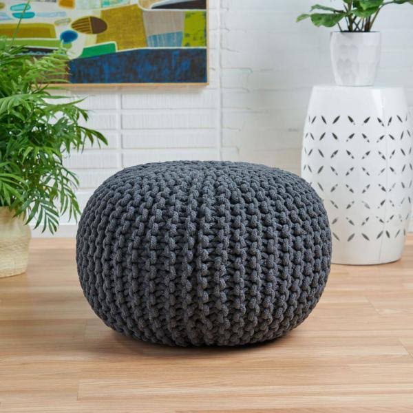 Gray Hand Knitted Pouf Ottoman Z371