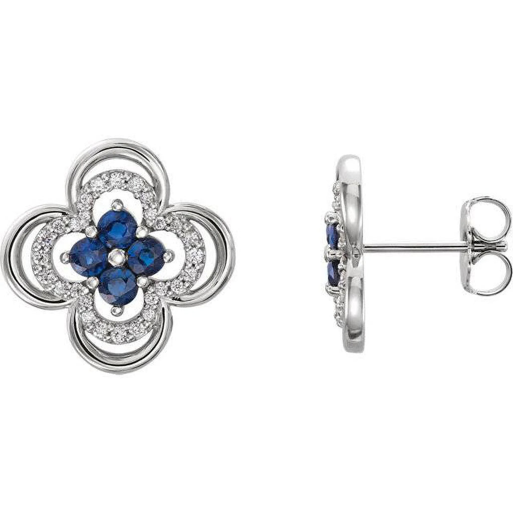 14K White Gold Diamond & Blue Sapphire Clover Studs Earrings N137511