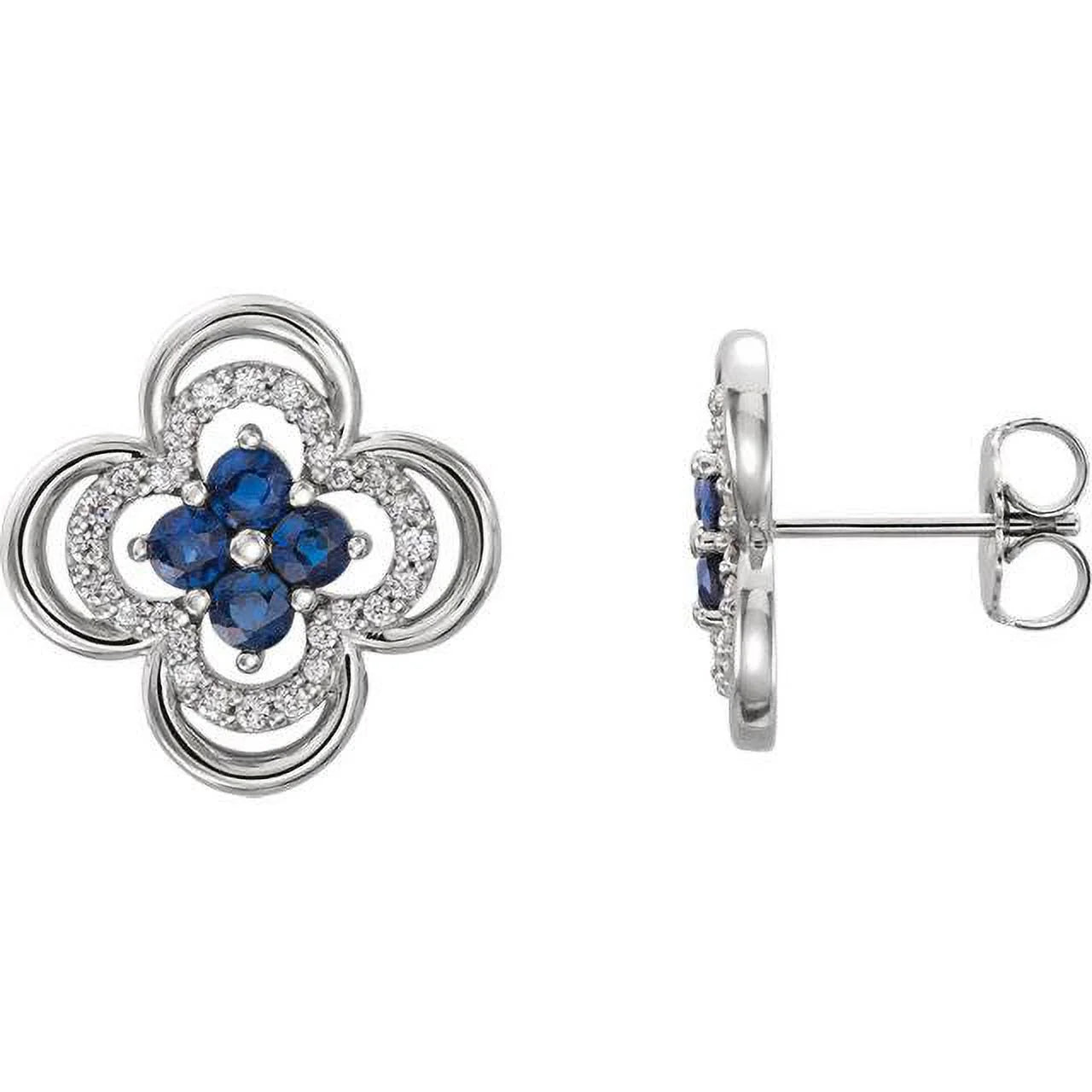 14K White Gold Diamond & Blue Sapphire Clover Studs Earrings N137511