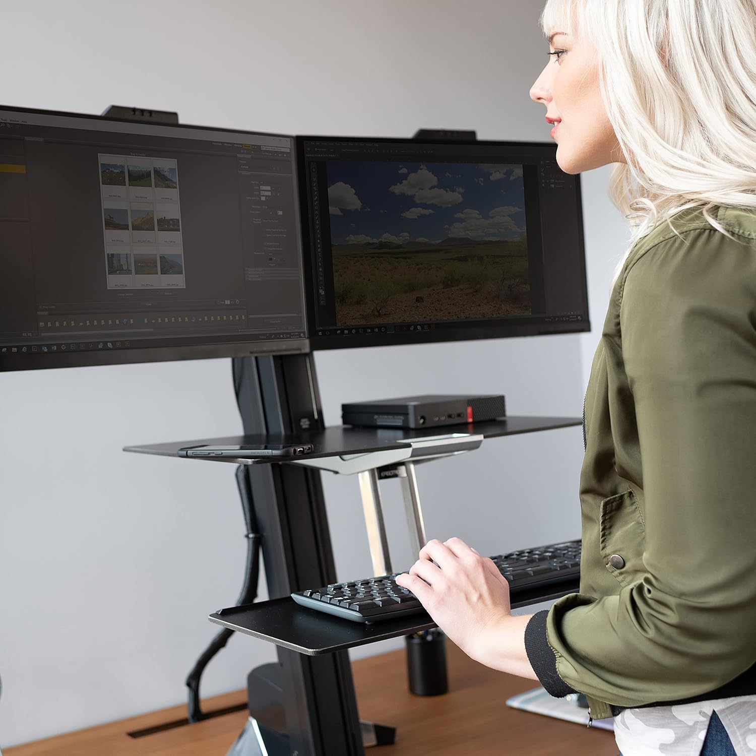 Black Sit Stand Dual Monitor Standing Desk Converter with Worksurface T968