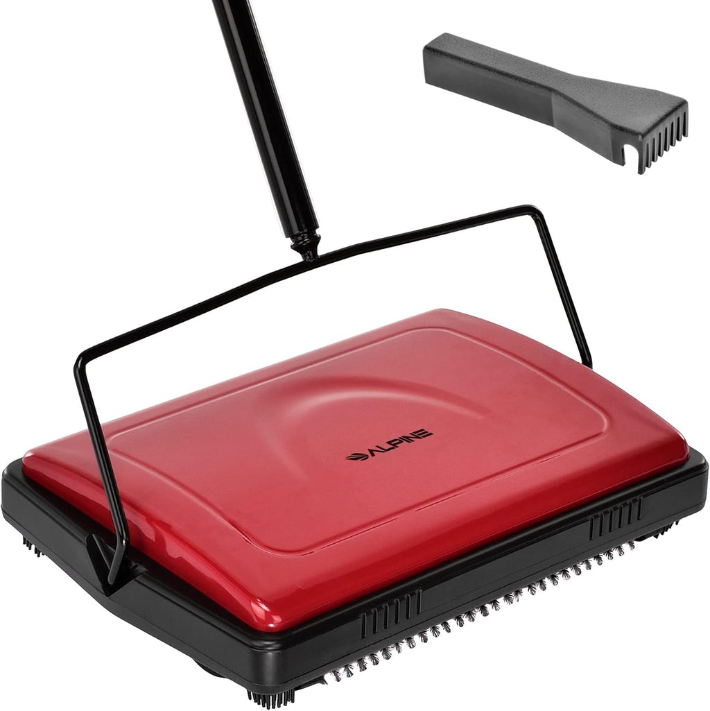 Manual Carpet Sweeper Triple Brush Non Electric Multi-Surface Floor Cleaner Red Pack of 2 W856500