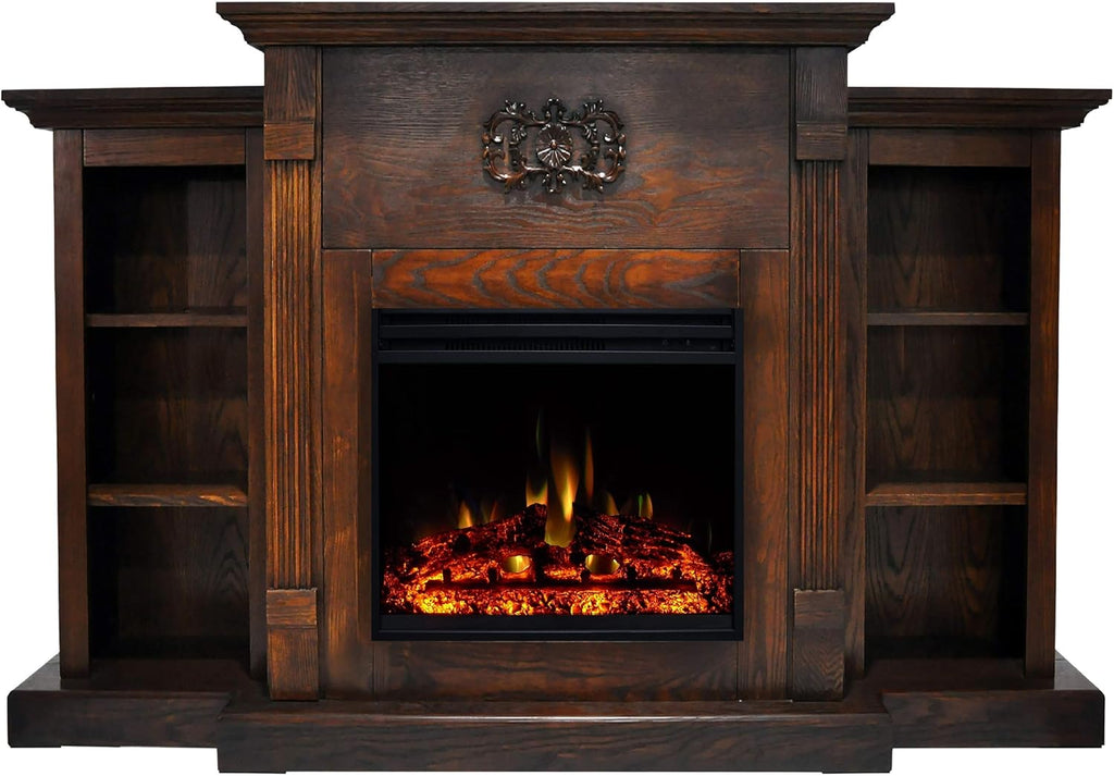 Electric Fireplace with Mahogany Mantel and Bookshelves P1136
