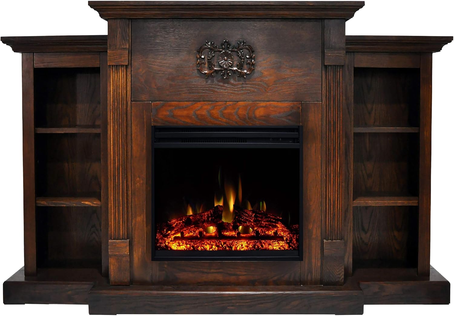 Electric Fireplace with Mahogany Mantel and Bookshelves P1136