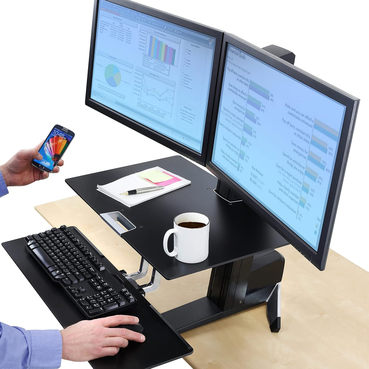 Black Sit Stand Dual Monitor Standing Desk Converter with Worksurface T968