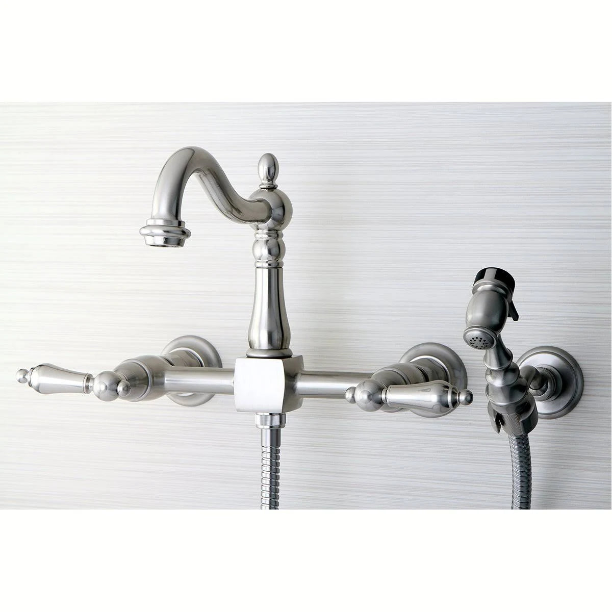 Polished Brass Wall Mount Bridge Kitchen Faucet with Brass Sprayer N625