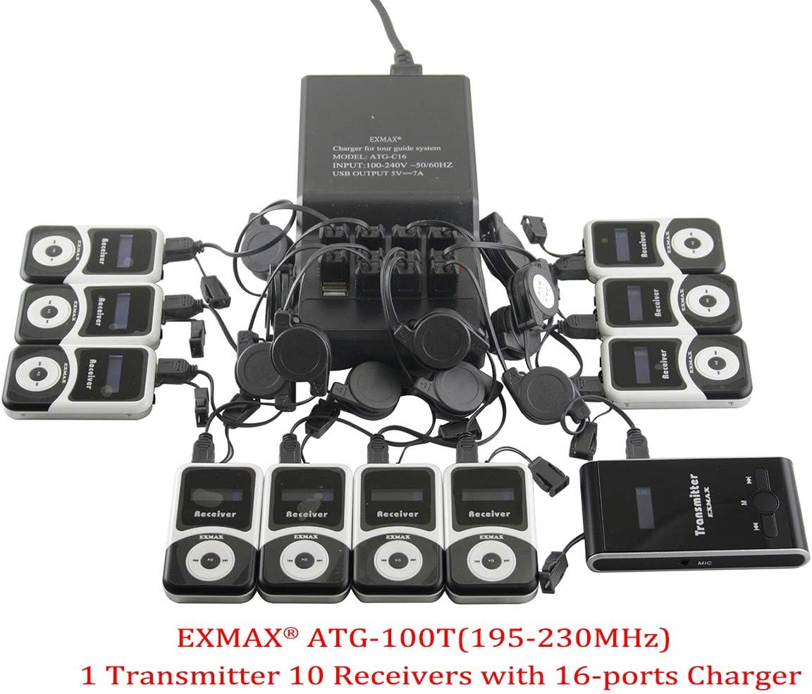 195-230MHz Wireless Tour Guide System (1 Transmitter 10 Receivers Charging Base) P48549
