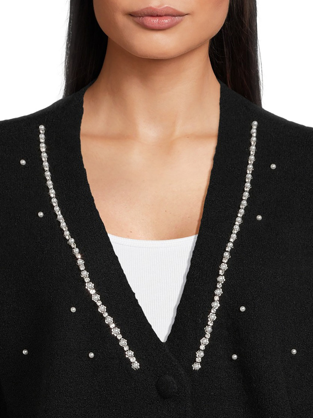 Women's V-Neck Embellished Button Front Cardigan with Long Sleeves U3166