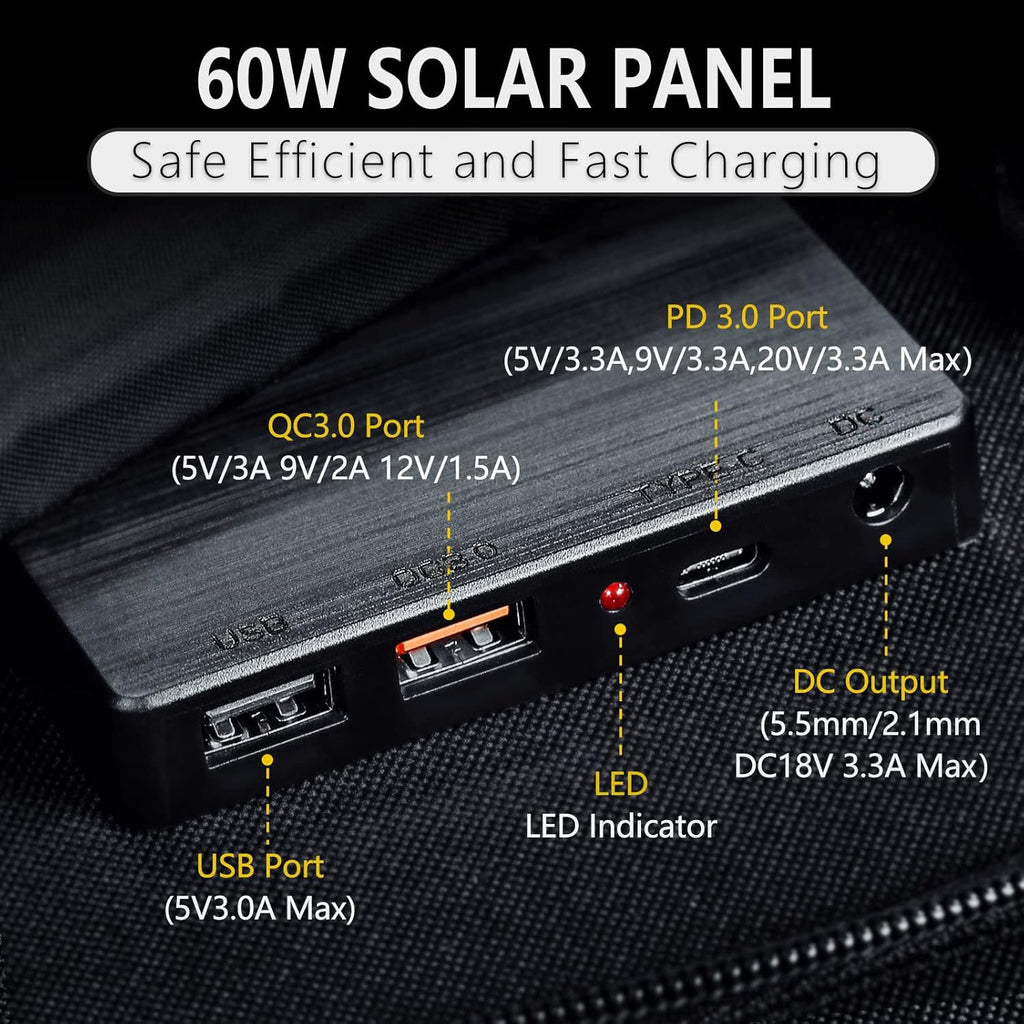60 Watt Foldable Monocrystalline Solar Panel Kit with 12V DC/USB/USB C PD Outlets Z3784