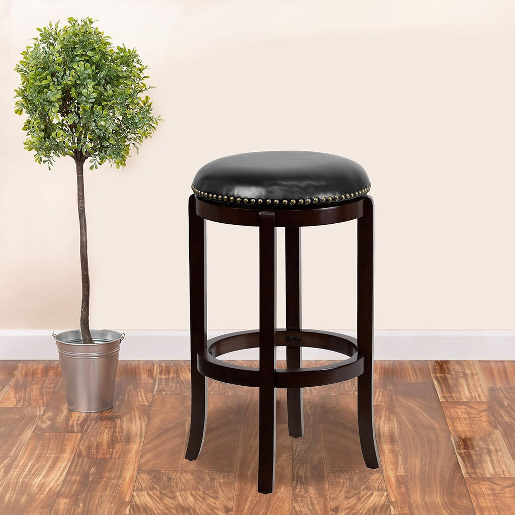 Cappuccino Wood Barstool with Black LeatherSoft Swivel Seat G215