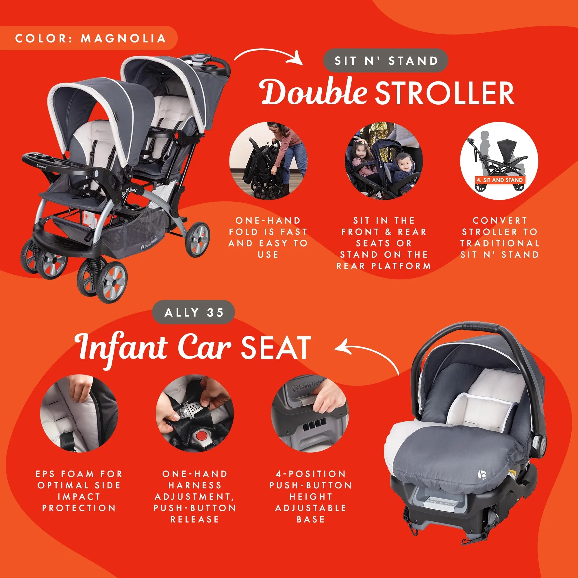 Magnolia Double Baby Stroller and Single Car Seat T3022