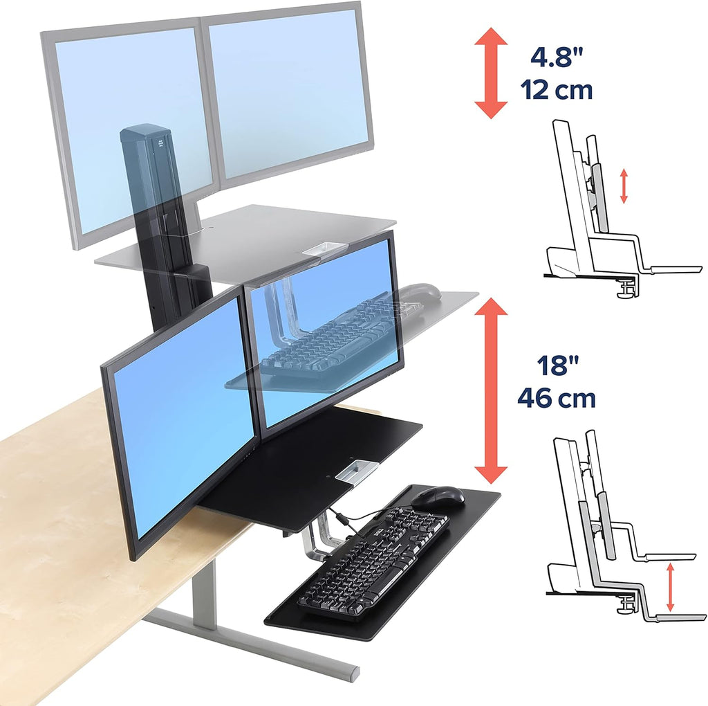 Black Sit Stand Dual Monitor Standing Desk Converter with Worksurface T968