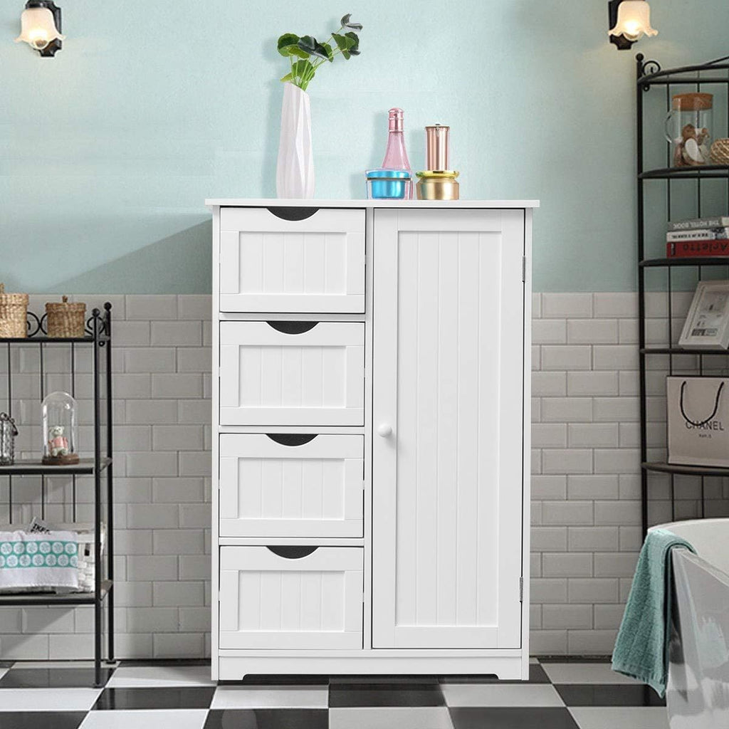 White Wooden Storage Cabinet with 4 Drawers and 1 Door T4299