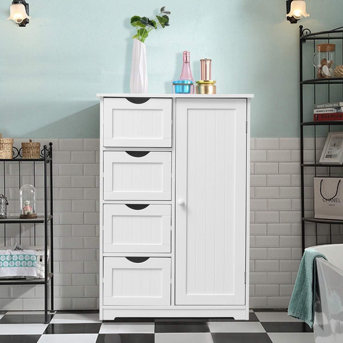 White Wooden Storage Cabinet with 4 Drawers and 1 Door T4299