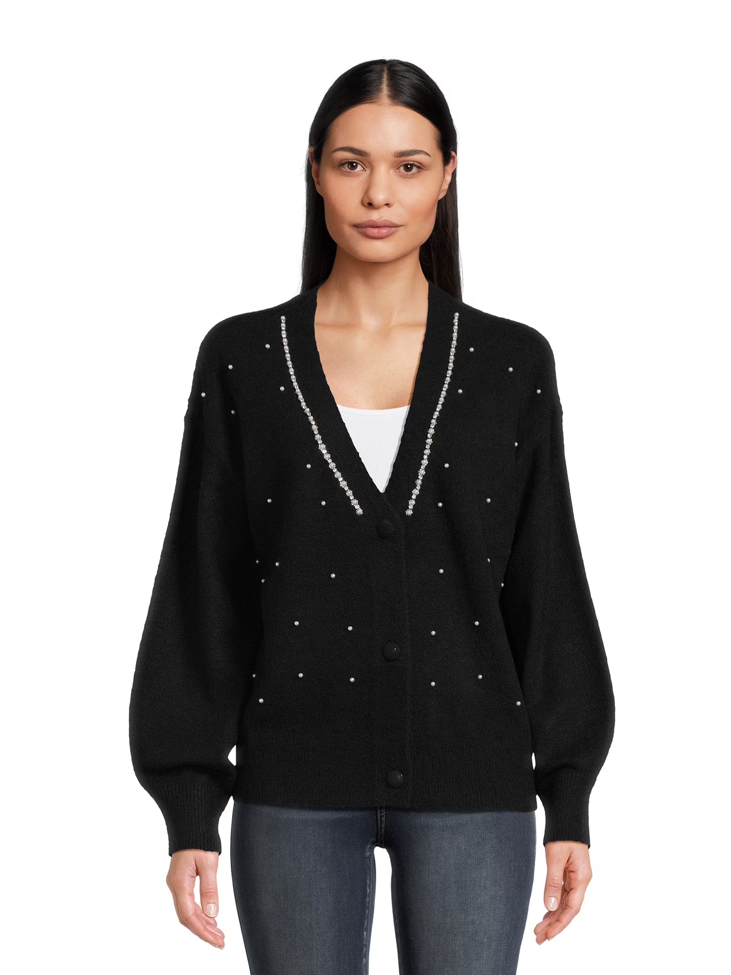 Women's V-Neck Embellished Button Front Cardigan with Long Sleeves U3166